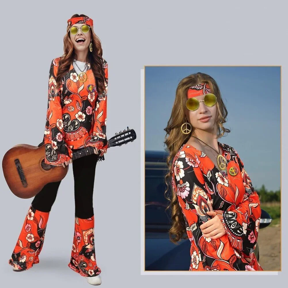 60s 70s Hippie Costume Set for Women Boho Retro Style Accessories Party